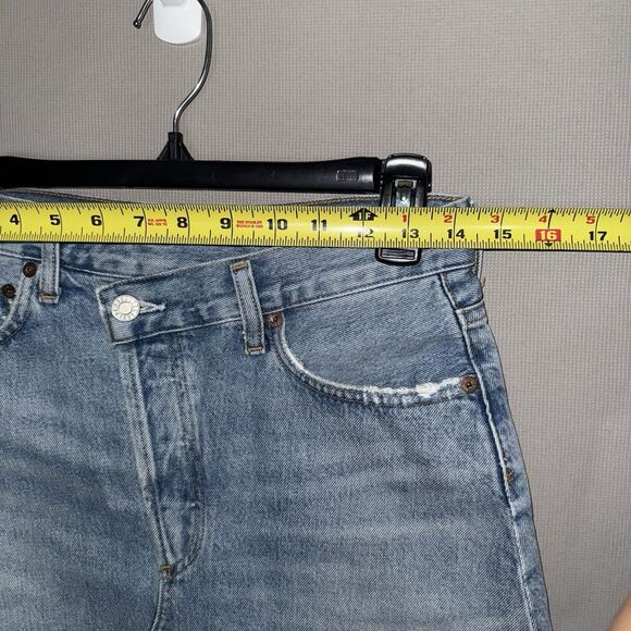 Agolde Denim Skirt 25 Blue Distressed Criss Cross Frayed Hem Organic Cotton - Picture 7 of 11